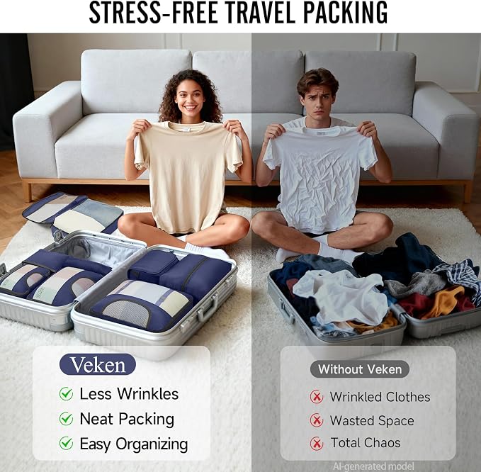 Veken 10 Set Packing Cubes for Travel Essentials,Anti-Wrinkle Buckled Suitcase Organizer for Shoe & Toiletry Bag,Carry On Luggage Bag with 99+ Count Mesh Holes for Airplane & College Dorm Accessories - Image 7