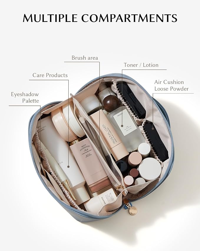 EACHY Travel Makeup Bag for Women, Flat Open Cosmetic Bag, Blue, Medium | PU leather organizer with flat-open access, storage pockets and clear TPU brush compartment for daily makeup and toiletries - Image 2