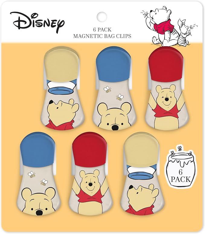 Disney Winnie the Pooh Magnetic Chip Clips, Set of 6 | Airtight food storage bag clips for snack, cereal, and coffee bags, great for pantry and fridge, magnet displays kids artwork by BestBrands
