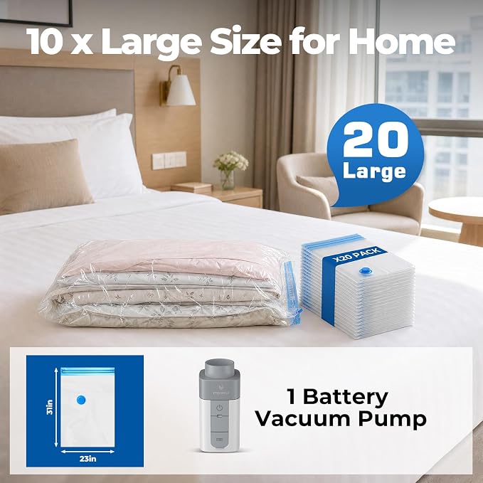 ETENWOLF 20 Large Vacuum Storage Bags for Travel with Wireless Pump | Vacuum Seal Bags for Clothing Travel, Compression Packing Bags for Clothes and Blankets, Space Saver Bags in Carry-On Sizes - Image 2
