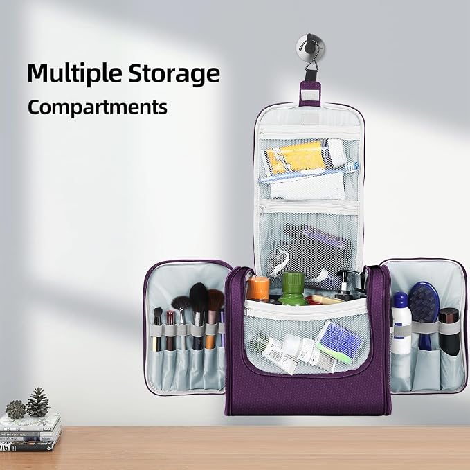 Buruis Extra Large Hanging Toiletry Bag for Women and Men, Purple | Honeycomb Nylon, Detachable Shoulder Strap, Dual Zippers, Metal Hanging Hook, Full-Size Toiletry Storage, Travel Essentials - Image 2