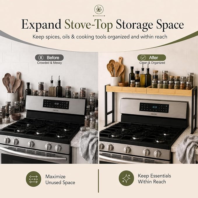 Spice Rack Shelf for Kitchen Stove, Bamboo Over the Stove Shelf with 4 Level Adjustable Height, 33 Inch Stove Top Spice Rack Organizer with 4 Hooks, Reinforced 30 lb Capacity, Non-Slip Pads, Black - Image 2