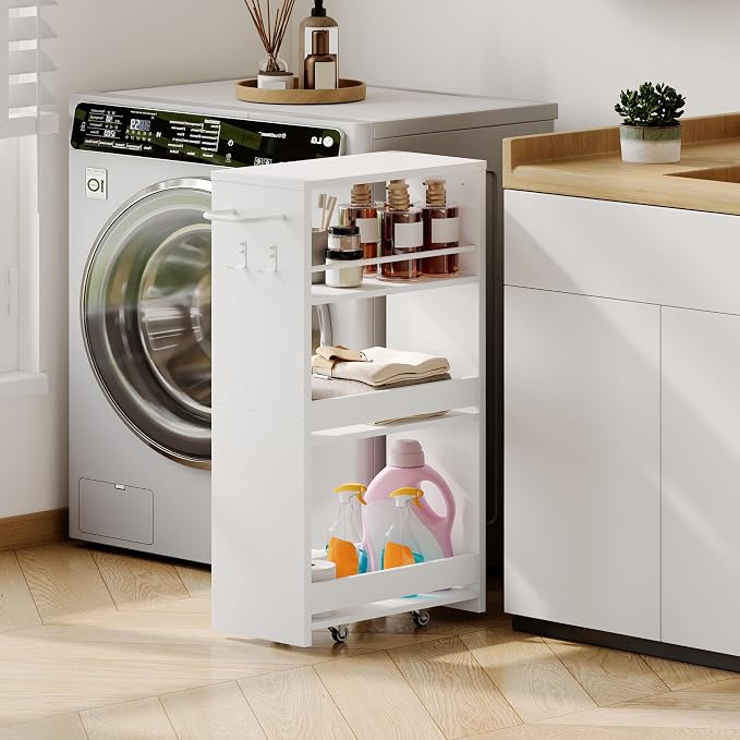 ChooChoo 4-Tier Bathroom Storage Cart, 7.87 inches Wide Narrow Storage Cabinet with 360° Wheels and 2 Hooks, Laundry Room Storage Organizer for Kitchen, Narrow Places, Living Room, White - Image 5