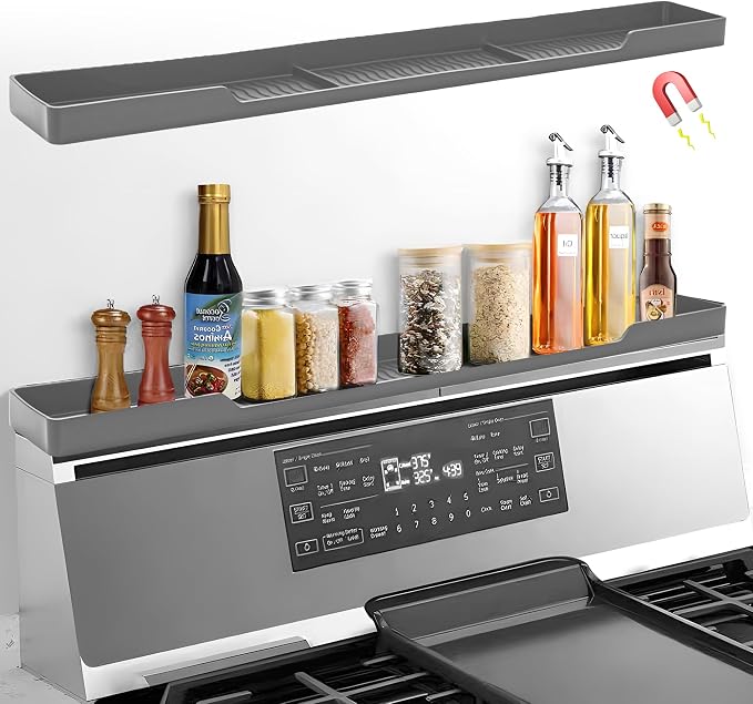 30 Inch Magnetic Stove Top Shelf | 3-Zone Kitchen Organizer with Anti-Slip & Anti-Fall Design | Heat Resistant (-40°F to 446°F) Food-Grade Silicone Spice Rack for Flat-Top Stoves, Grey by Hugro+Tarfive