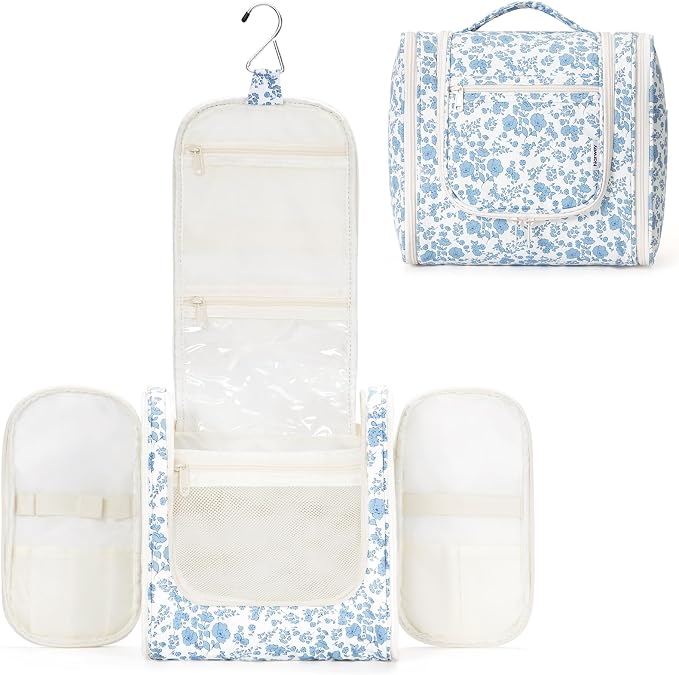 Narwey Large Hanging Toiletry Bag for Women Travel Makeup Bag Make up Organizer Toiletries Bag for Cosmetics Essentials Accessories (Large, Blue Flower) by Narwey