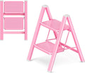 2 Step Ladder, Foldable Step Stool with Widened Pedal, Pink | Sturdy Carbon Steel, Anti-Slip Feet, Portable, 330LBS Capacity, Space Saving, for Kitchen, Bedroom, Pantry Use by GameGem