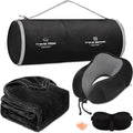 urnexttour Travel Pillow and Blanket Set Neck Pillow Airplane Foam Black | 43x60 Inch Plane Blanket, Traveling Compact Storage Bag, Eye Mask, and Earplugs for Ultimate Flight Comfort, Women and Men by Urnexttour