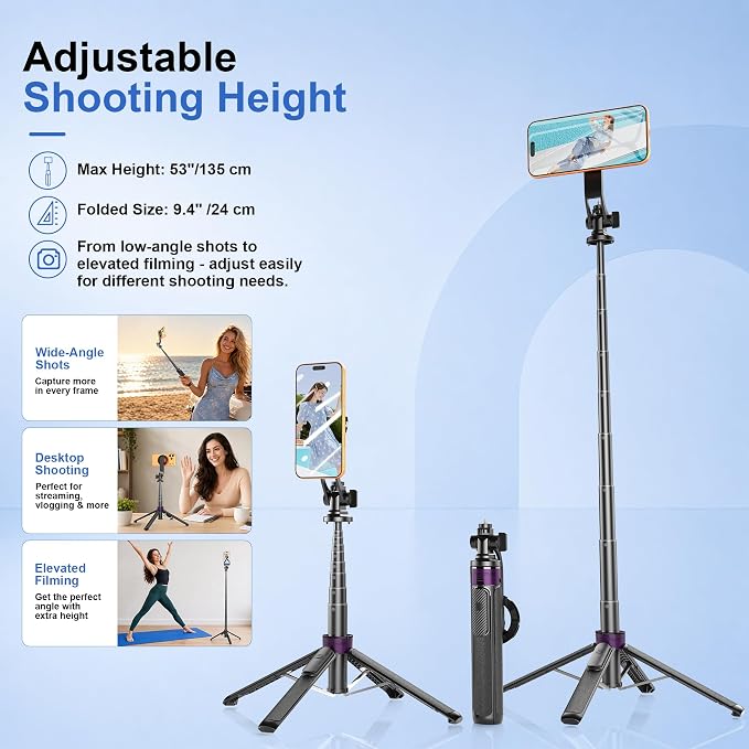 53" Magnetic Selfie Stick Tripod for iPhone Andriod, 360° Rotation | Aluminum Alloy Pole, 1/4" Screw, 4-Leg Stable Base and Wireless Remote for iPhone 17 Pro, TikTok, Vlogging and Travel - Image 5