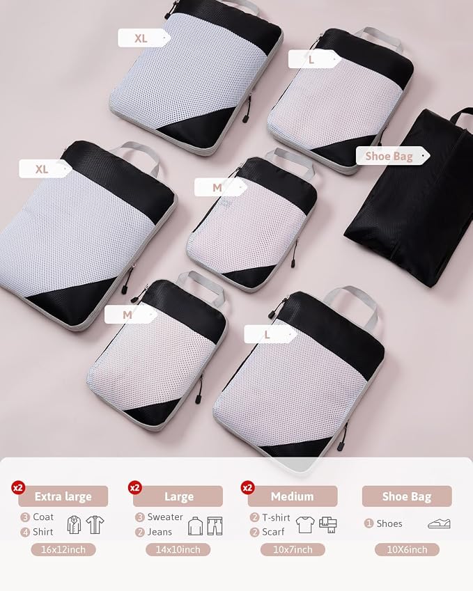 Meowoo 7 Set Compression Packing Cubes for Travel, Durable Ripstop Mesh Suitcase Organizer with Shoe Bag, Ultralight & Expandable Space Saver Travel Cubes - Image 2
