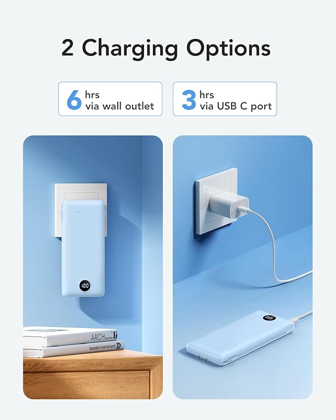 VRURC 10000mAh Portable Charger with Built-in Cables and AC Plug, Blue | 22.5W fast charge, LED display, Micro, USB-C and Phone cables, 4 outputs, 8 oz, airline approved - Image 4