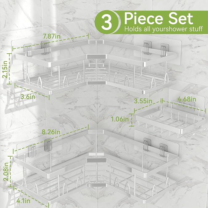 Shower Shelf Corner, Adhesive Shower Caddy Rustproof, Shower Shelves Corner with Soap Holder, No Drilling Shower Corner Organizer for Dorm, Renters Bathroom, Silver, 3 Pack - Image 6