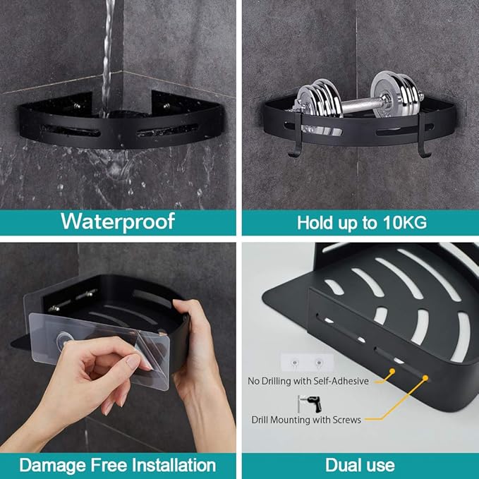 Adhesive Corner Shelf Bathroom Shower Caddy Organizer for Kitchen Toilet No Drilling 2-Tier Bathroom Corner Shelves Shower Caddies | For Kitchen Toilet No Drilling 2-Tier Bathroom Corner Shelves Shower Caddies Black - Image 2