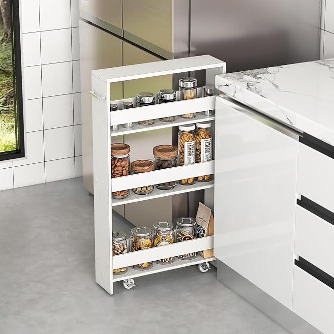COSTWAY Slim Rolling Storage Cart, 4-Tier Rolling Utility Cart, Wood Kitchen Storage Cart with Handle & Wheels, Narrow Rolling Shelving Unit for Kitchen Bathroom Laundry Small Places (Plain White) - Image 2