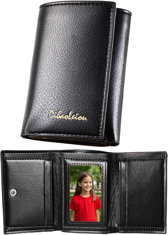 Men Women Wallet Trifold Soft Leather 4 Card Holder 2 Money Pockets with Photo Window Mother Kids Girl Gift by SPDTECH