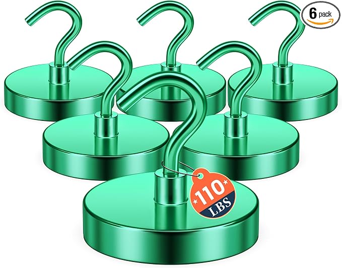 FINDMAG Magnetic Hooks for Cruise Cabins, 110lbs Magnet Hooks | Heavy Duty Magnets Strong, Classroom Decor, Locker Organizer, Camping Essentials, 6 Pack, Green by FINDMAG