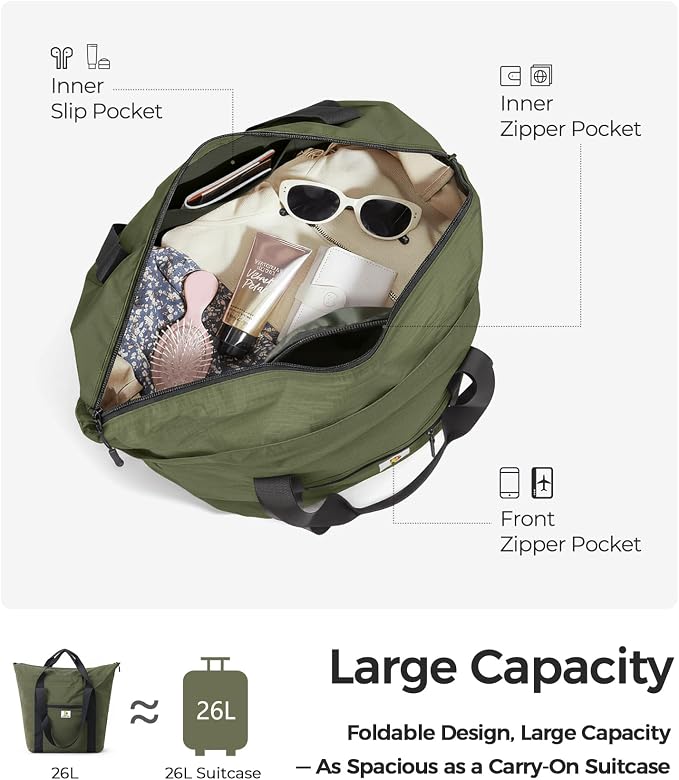 Foldable Travel Bag, 26L Duffle Bag for Travel, Expandable Second Carry-On Bag for Travel & Shopping, Water-Resistant Personal Item Bag, Olive Green - Image 4