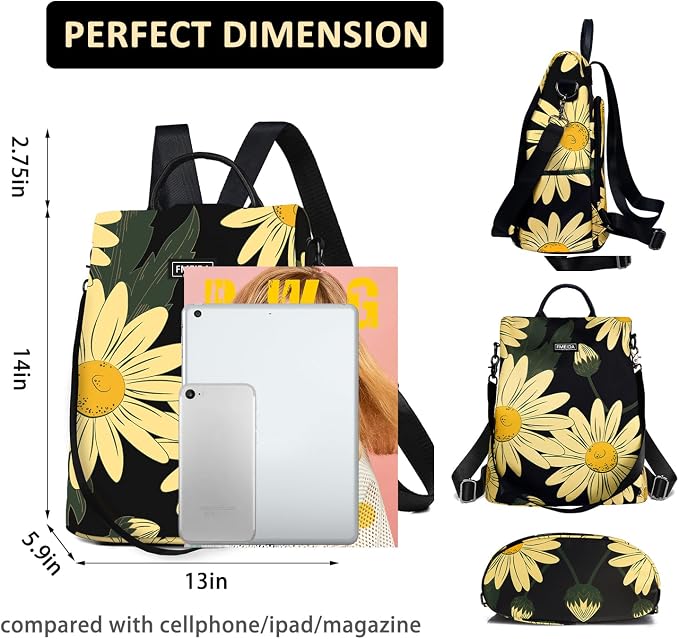 Backpack Purse for Women - Travel Anti-Theft Backpacks Nylon Waterproof Daypack College Bookbag Shoulder Bag Sunflower | Hidden Back Zipper Opening, Compact Travel Size,Summer Sunflower Purse, Daypack for College Work, Fits 13-inch laptop - Image 2