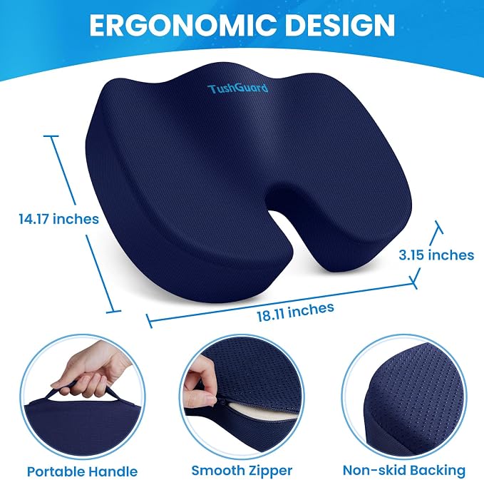 Seat Cushion for Office Chair, Memory Foam Chair Cushion, Blue | Office Chair Cushion for Car, Airplane - Chair Pad for Long Sitting Sciatica, Hip, Coccyx,Tailbone Pain Relief, Butt Pillow - Image 2