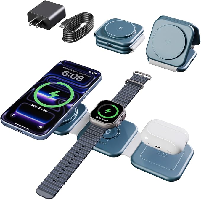 15W Magnetic Travel Charging Station, 3-in-1 Foldable MagSafe Charger | Wireless Charger for Apple Multiple Devices - iPhone Air 17 16 15 14 13 20 Pro Max, Watch & AirPods - Navy Blue by SMILESTATION
