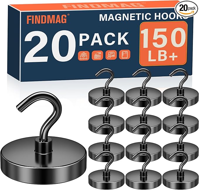 FINDMAG 20 Pack Magnetic Hooks, 150LB+ Magnetic Hooks for Cruise Cabins | Strong Neodymium Magnet Hooks Heavy Duty for Refrigerator, Home, Ship, Cruise, Grill, Travel and Kitchen Use, Black by FINDMAG