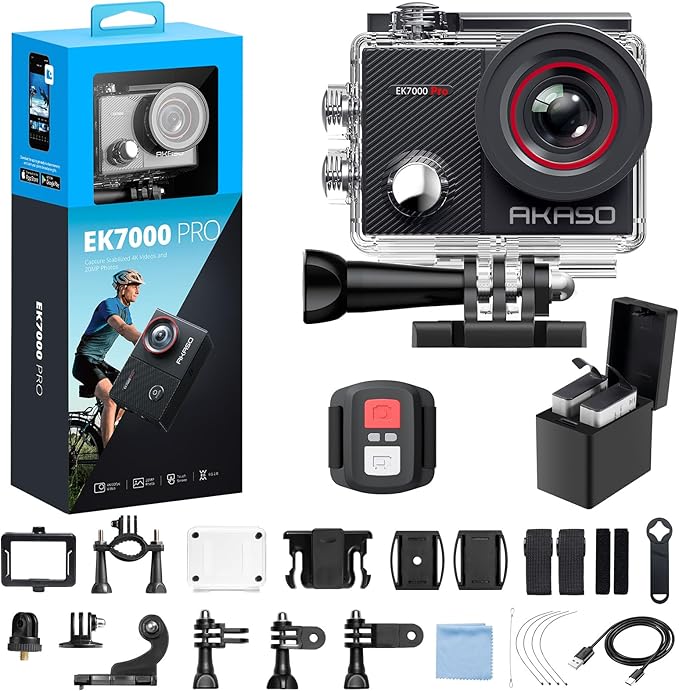 AKASO EK7000 Pro 4K30fps Action Camera with Touch Screen EIS 131ft Waterproof Underwater Camera Remote Control 5X Zoom with Helmet Accessories Kit (Standalone) by AKASO