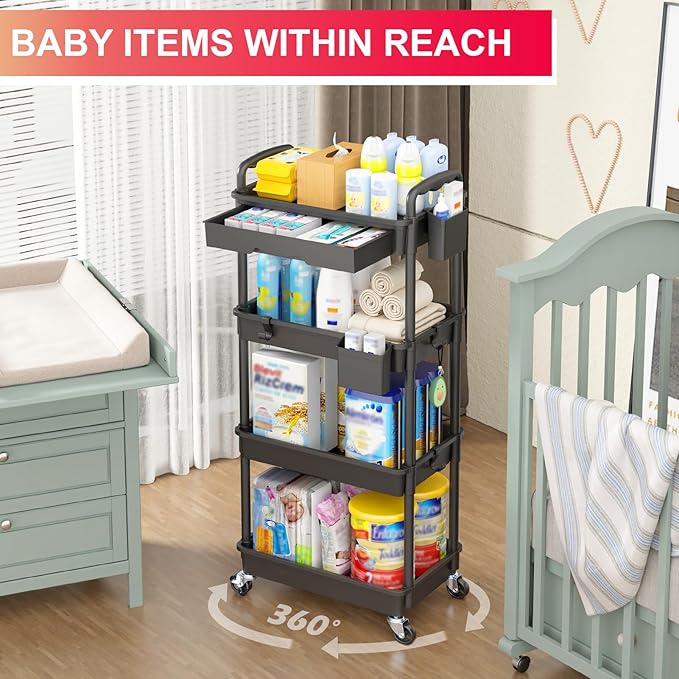 Goovilla 4 Tier Rolling Utility Cart Organizer with Removable Drawer, Black | Stable and Sturdy Rolling Storage Carts with 2 Lockable Wheels for Bathroom, Kitchen, Snack, Craft, Makeup, Baby Essentials - Image 6