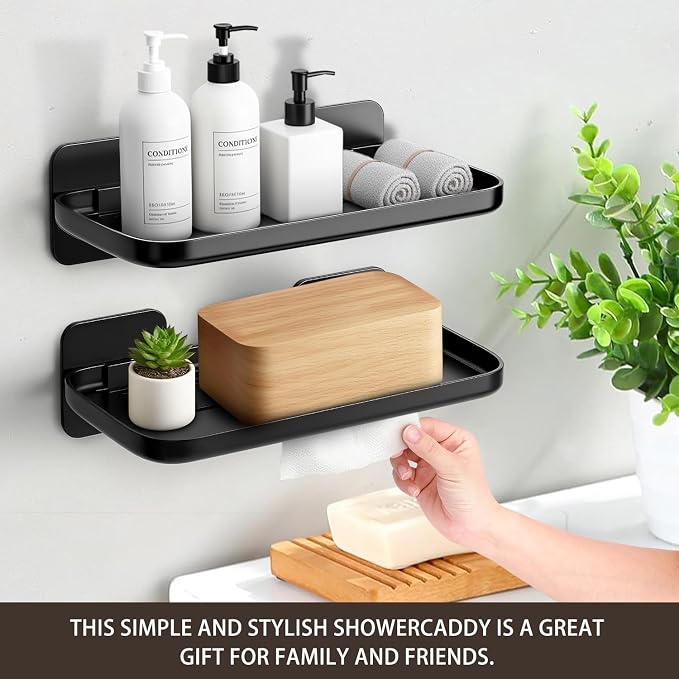 FAYYGYH 2 Pack Adhesive Floating Shelves, No Drill Small Floating Shelf | Wall Storage Damage-Free Wall Mounted Organizer for Bathroom, Kitchen, Bedroom & Office (Black-4pcs) - Image 3