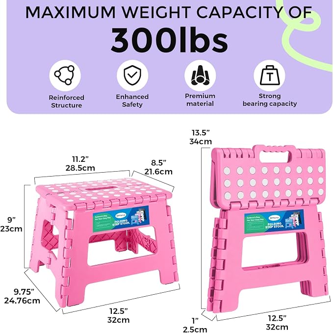 Dyforce Kids Step Stool 9 Inch, 300lbs Folding Step Stool for Toddler | Step stool Pink,Anti-slip Heavy Duty Stool with Handle, Lightweight Foldable Foot Stool for Bathroom Kitchen Bedroom Outdoor - Image 2