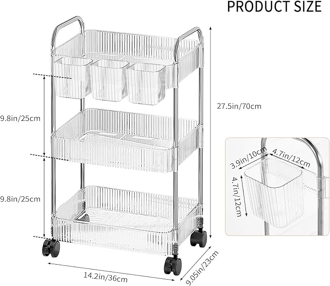 3 Tiers Rolling Storage Cart with Hanging Basket Acrylic Organizer | Acrylic Rolling Cart with Hanging Basket and Lockable Wheels, Ideal for Home, Office, Kitchen and Bathroom Storage - Image 2