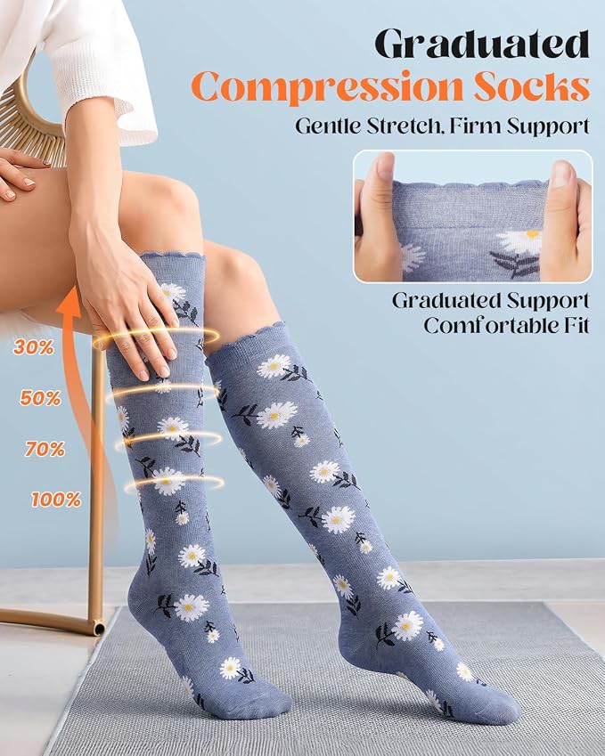 LEVSOX Cotton Compression Socks for Women Men 20-30 mmHg Knee High Cute Support Sock for Nurses Flying Pregnancy - Image 3