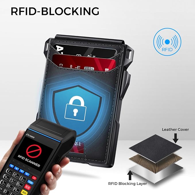 RUNBOX Wallet for Men, Mens Minimalist Wallet Holds 14 Cards, Compact Pop Up Wallet with Dual ID Windows & Money Clip, RFID Blocking Flip Up Card Holder, Metal Aluminum Credit Card Case Bifold Wallet - Image 4