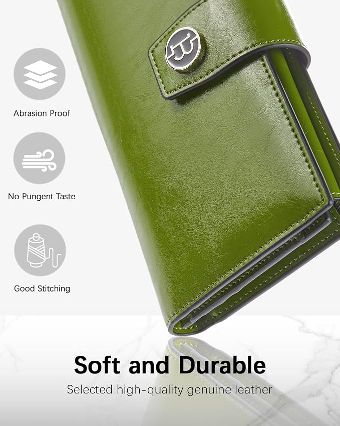 BOSTANTEN Womens Leather Wallet RFID Large Capacity Credit Card Holder | 20 Card Slots, Phone Holder, Zipper Coin Pocket, Clutch Wallet, Long Bifold, Ladies Gifts, Green - Image 2