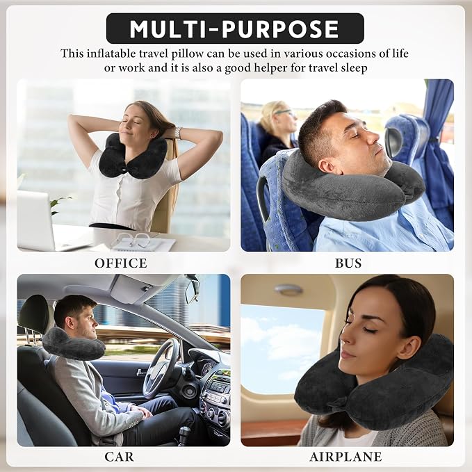 Sintuff 2 Pack Inflatable Travel Pillow for Airplanes Inflatable Neck Flight Pillows with Compact Bag and Blindfold for Traveling, Airplane, Train, Car, Office(Black and Dark Gray) - Image 7