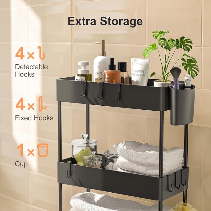 Pipishell 4 Tier Slim Storage Cart with Wheels, Laundry Cart, Black | 7.1 inch Wide - Fits Narrow Spaces, Storage Cup and 6 Hooks, Ventilation Holes, Durable ABS Material, Detachable Wheels - Image 4