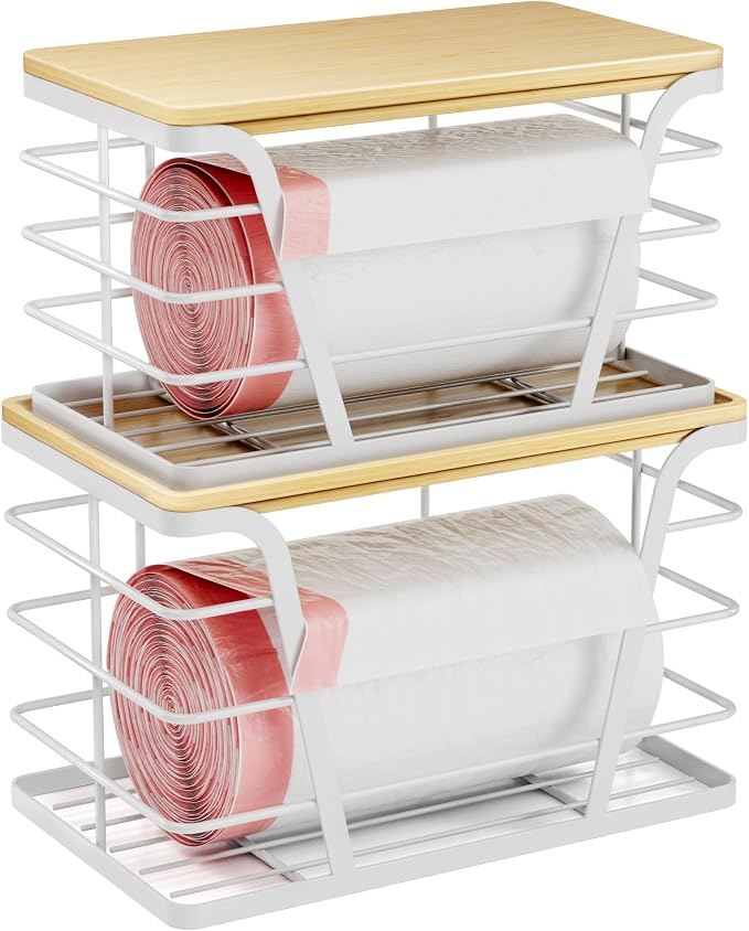 TIDIIABODE 2 Pack Stackable Laundry Room Organization and Storage, Laundry Room Decor and Accessories, Trash Bag Holder with Bamboo Top and Garbage Bag Dispenser, White by TrashBagHolder