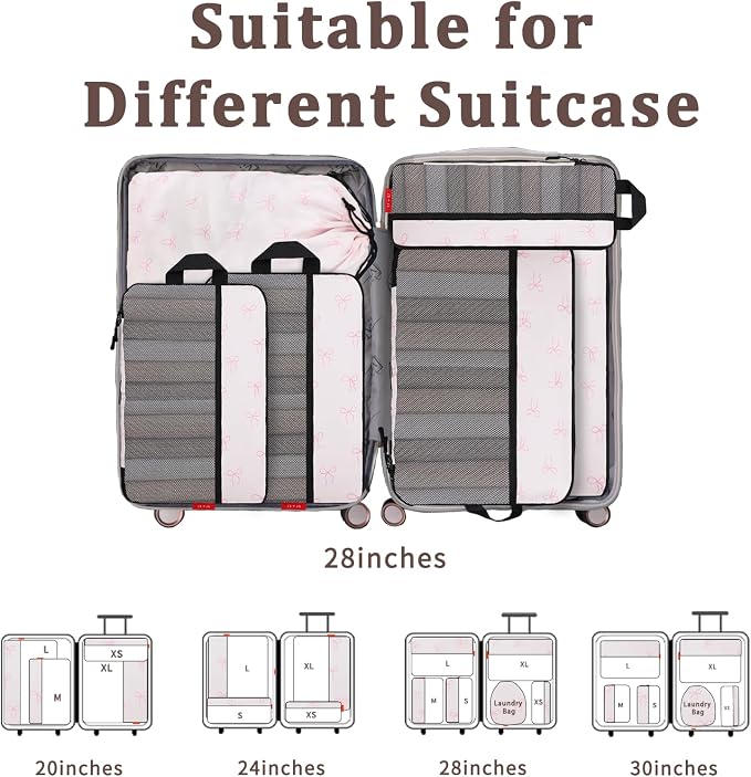U+U 6 Set Compression Packing Cubes, Travel Organizers (Pink Bow) | Space-Saving & Drawstring Bag Included - Image 6