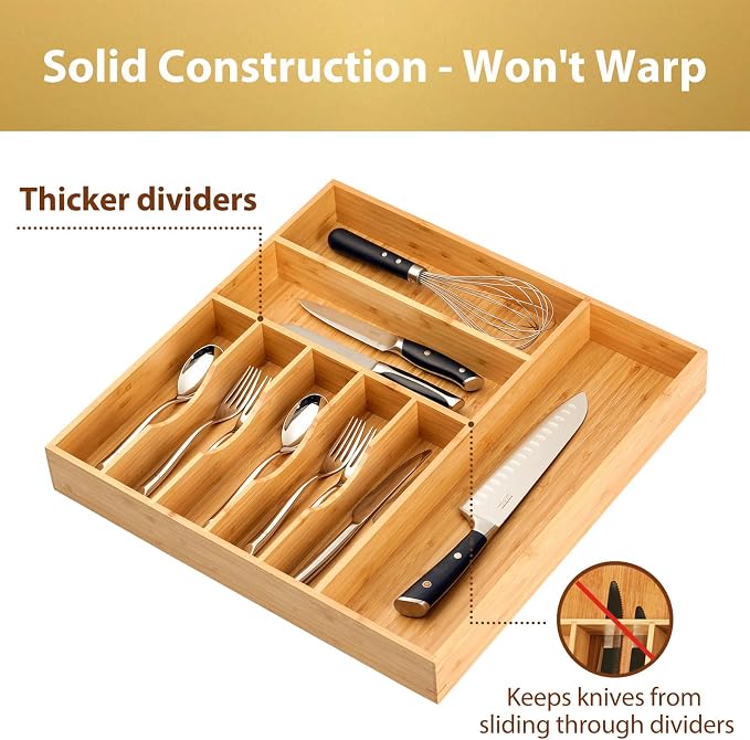 Large Kitchen Drawer Organizer, 19"x20" Silverware Utensils Organizer, 2.5" High for Large Deep Drawers, Bamboo Flatware Holder with Thick Frames, Sturdy Kitchen Organization Tray - Image 3