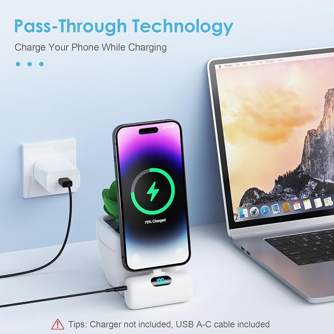 Mini Portable Charger USB C Power Bank,5000mAh PD Fast Charging Battery Pack Built-in USB-C Connector Travel Essential for iPhone17/Pro/17Pro Max/16e/Air/16 Plus/16Pro Max/15 All Series,Android White - Image 2