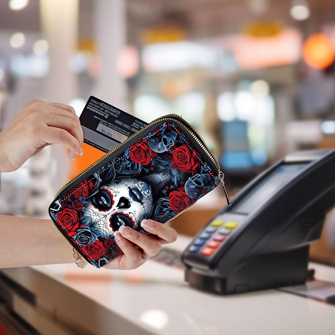 Wallet,Leather Long Wallet Suitable For Ladies And Teenagers - Detachable Wristband + RFID Travel Wallet With Card Slot - Sugar Skull Woman - Image 5