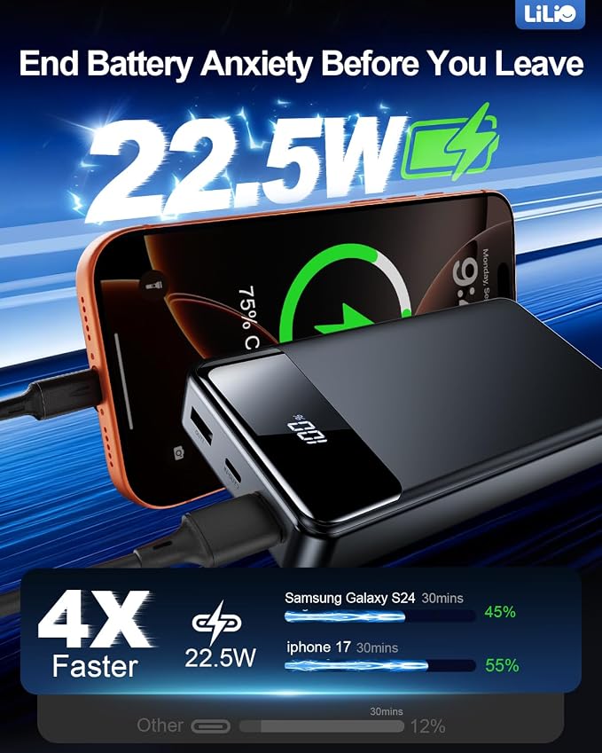 LILIO 60000mAh Portable Charger, 22.5W Fast Charging with 3 in 1 Cable | Charges 5 Devices, LED Display, Fits Camping, Road Trips, Hiking, Emergencies, for iPhone 17-12/Samsung/Android/iPad - Image 5