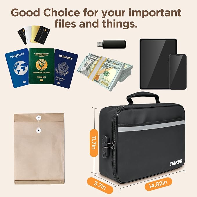 Document Bag with Lock, Fireproof File Storage Case with Water-Resistant, TENKER Organizer Box for Document, Safe Portable Travel Home Organizer for Laptop, Files, Certificates, Black(15''x11''x4'') - Image 7