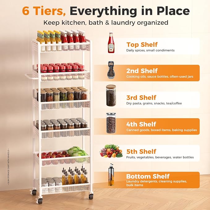 6 Tier Slim Storage Cart with Wheels, 10" D Rolling Storage Cart for Small Space, Metal Narrow Spice Cabinet Mobile Shelving Unit Organizer with Handle for Kitchen, Laundry - White - Image 4