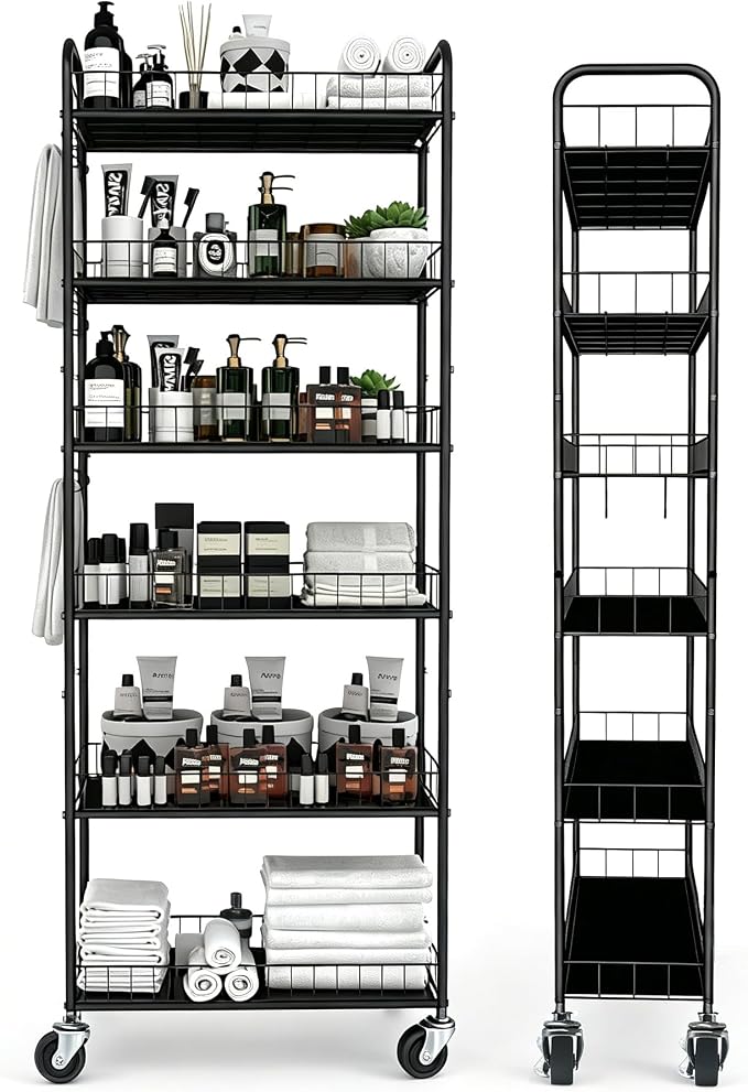 Slim Rolling Storage Cart with Wheels,10in 6 Tier Black | Narrow Space Rolling Shelving Unit , Metal Wire Mobile Organizer Rack for Kitchen Bathroom Office Laundry by Seadasyoon