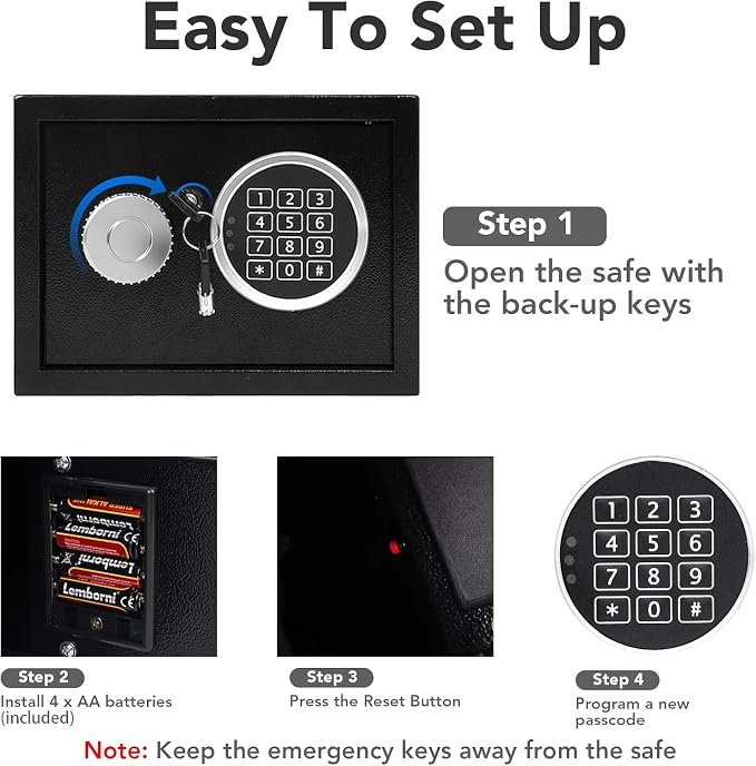 0.43 Cu Ft Steel Security Safe Box with Digital Lock Keypad | Electronic Safe Comes With 2 Emergency Keys, Ideal For Storing Cash, Jewelry & Documents At Home, Office And Hotel，Black - Image 5