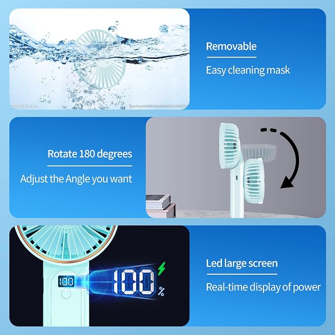Peiyuu Portable Fan, 4000mAh USB Rechargeable, 180° Foldable Mini Desk Fan with 6 Wind Speed, LCD Digital Display, Lanyard as Neck Fan, Ultra Quiet - Image 4
