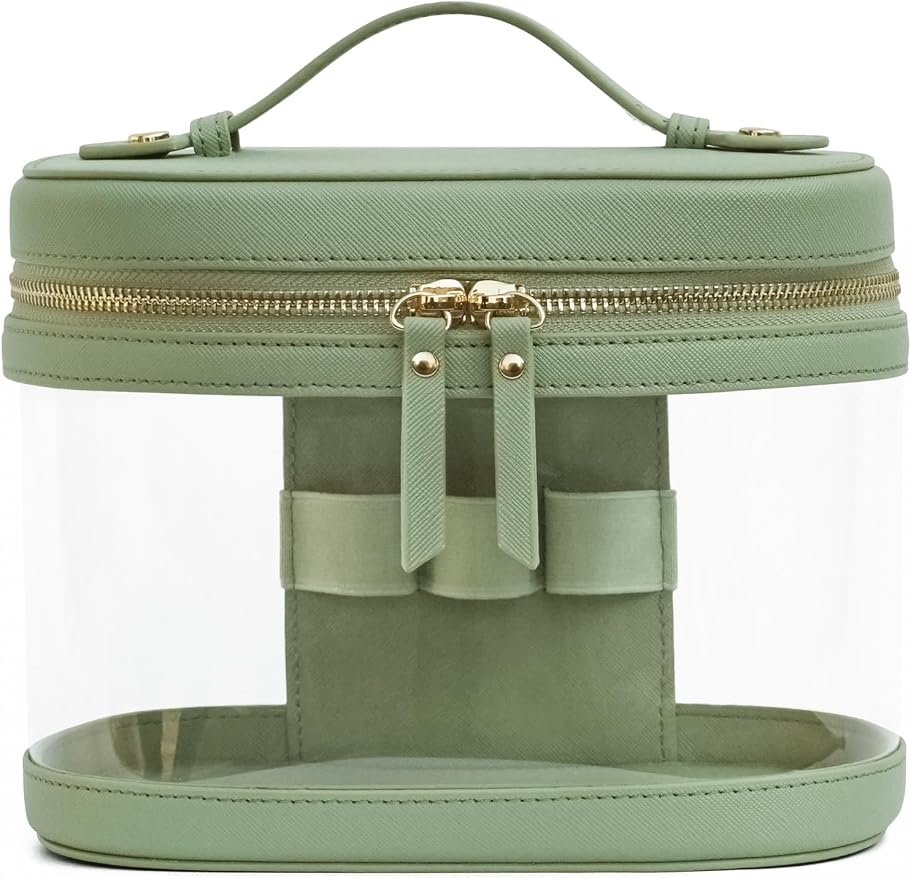 Travel Makeup Case Clear Vanity Bag with Brush Holder, Compact Leather Train Case Sage Green Make Up Bag Storage Organizer Luxury Cosmetic Case Travel Essentials Cute Portable with Handle by POPVIBE