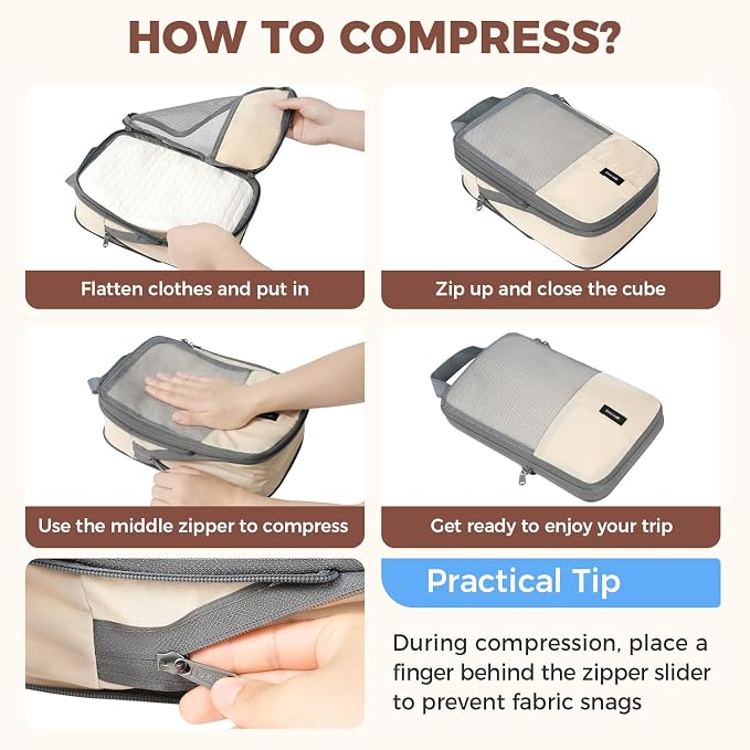 BAGAIL Lightweight Compression Packing Cubes for Travel, 6 Set, Beige | Salis Nylon Fabric,Anti-Tearing,Save Space,SBS Zippers,Packing List,PVC Tag Pocket,Custom Labels,Visible Mesh,Portable Handel - Image 6