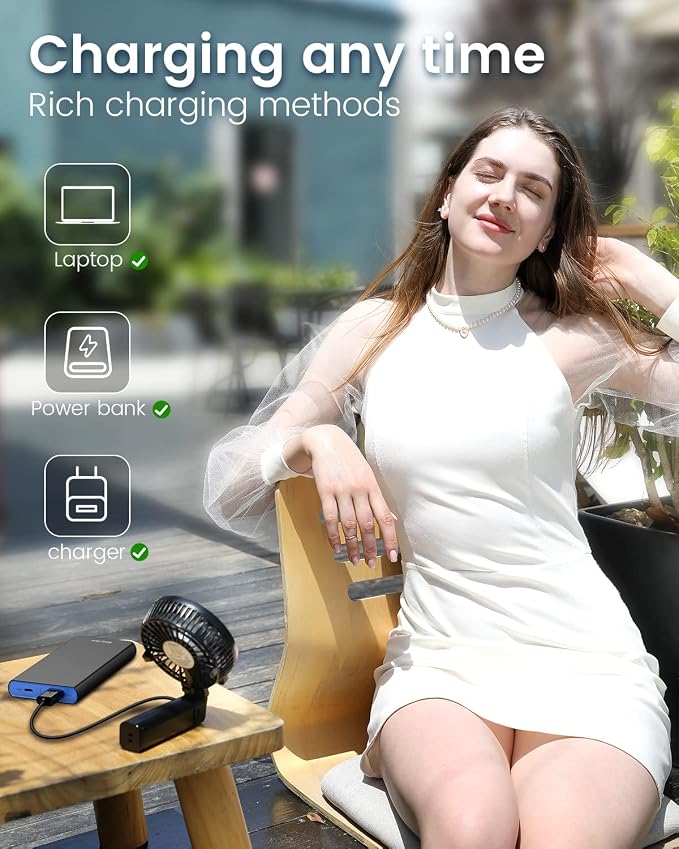 EasyAcc Portable Rechargeable Handheld Fan, Ultra Quiet, 180° Foldable, Up to 10 Hours, 3 Speeds, Personal Fan with Built-in Battery for Home, Travel, Outdoor, Office, Black - Image 8