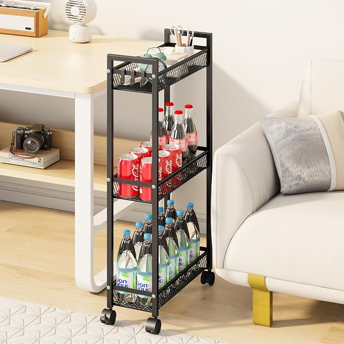 Slim Rolling Storage Cart, Metal 3 Tier Bathroom Storage Organizer Laundry Room Utility Cart for Kitchen, Bthroom, Makeup, Craft, Laundry Narrow Places, Black - Image 7