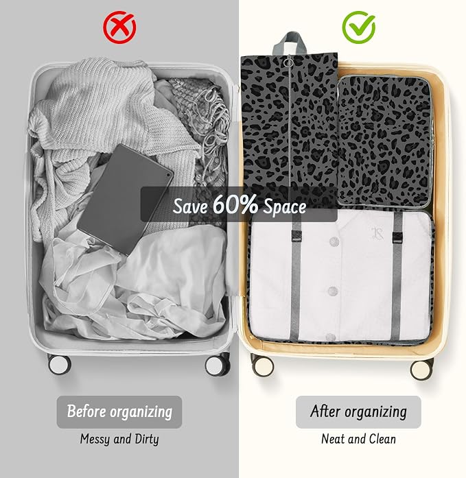 9 Set Packing Cubes for Travel Essentials - Lightweight Carry-On Luggage Organizer Bags with Shoe, Clothes & Laundry Bags for Airplane, Family & Business Travel, Gray leopard print - Image 8